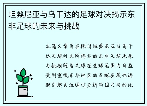 坦桑尼亚与乌干达的足球对决揭示东非足球的未来与挑战
